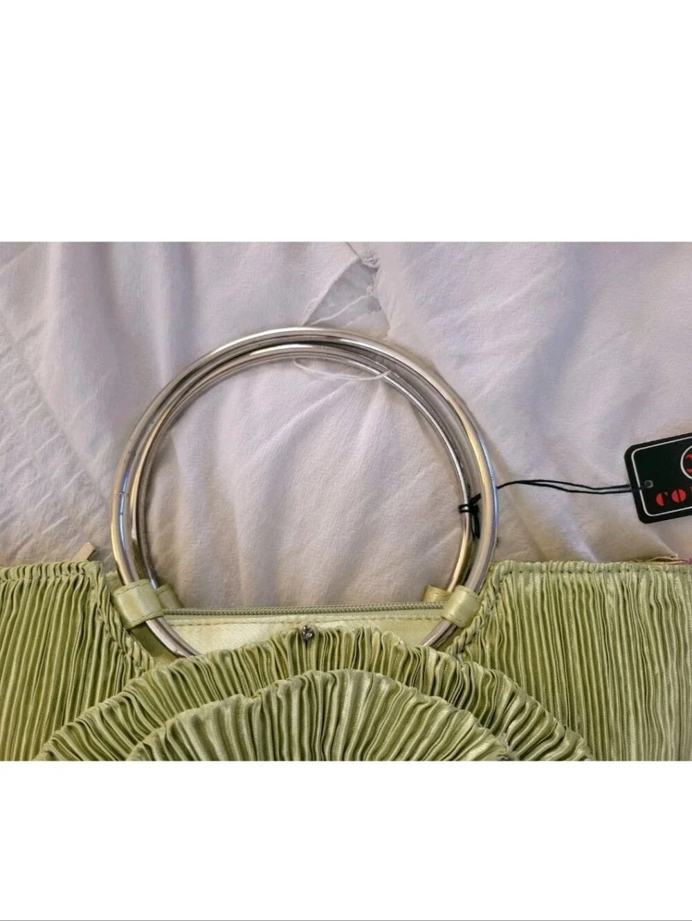 Y2k Retro Satin Purse Clutch Sage Rhinestone Pleated Handbag Silver Hoop Handle